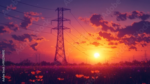 Breathtaking Sunset Overpowering a Field of Flowers and Power Lines