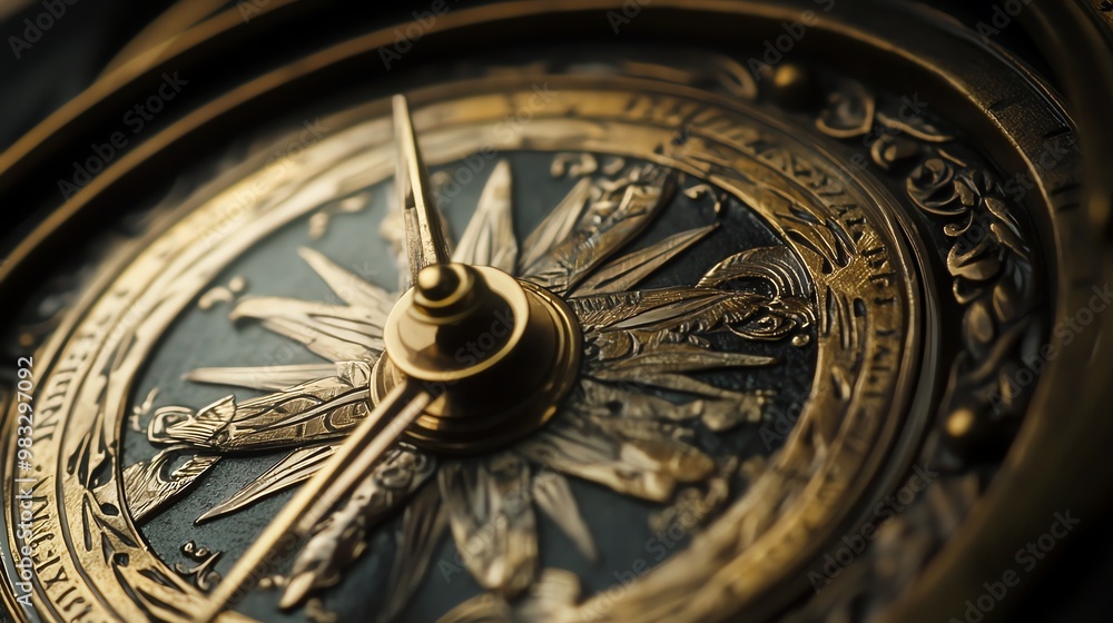 A close-up of an antique compass with intricate details and a golden finish. A close-up of an antique compass with intricate details and a golden finish.