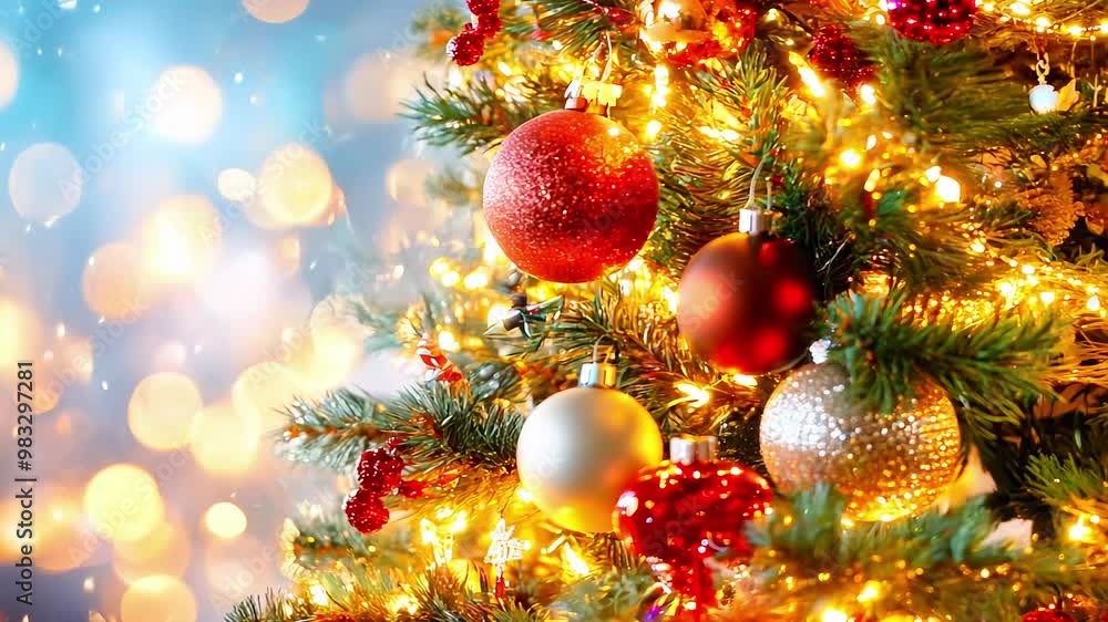 Winter festive scene of Christmas Tree with Ornaments and Warm Holiday Lights Bokeh Background Winter festive scene of Christmas Tree with Ornaments and Warm Holiday Lights Bokeh Background