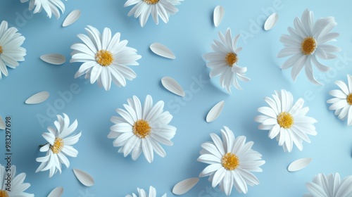 Floral frame background of Plain light blue paper structure background with blank copy space in the middle, on top of the background are smller and bigger daisy blossoms scatterd arround