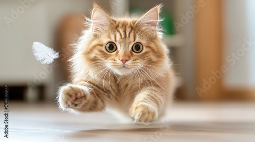 A cat is running towards a feather on the floor, AI