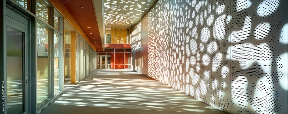An innovative community center with walls of perforated aluminum siding, creating a unique pattern of light and shadows inside the building while maintaining privacy An innovative community center with walls of perforated aluminum siding, creating a unique pattern of light and shadows inside the building while maintaining privacy