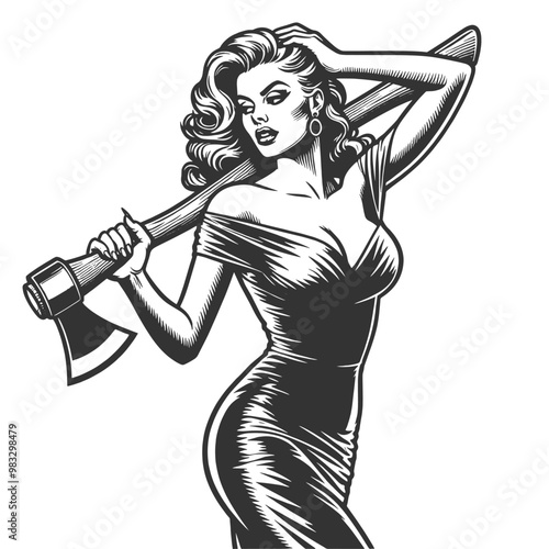 pin-up woman in a form-fitting tight dress with axe over her shoulder sketch engraving generative ai fictional character vector illustration. Scratch board imitation. Black and white image.