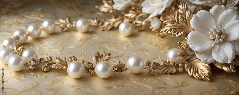 Elegant Pearl Necklace with Gold Accents and White Flowers for Wedding Bridal Jewelry Elegant Pearl Necklace with Gold Accents and White Flowers for Wedding Bridal Jewelry