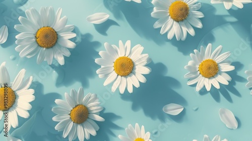 Floral frame background of Plain light blue paper structure background with blank copy space in the middle, on top of the background are smller and bigger daisy blossoms scatterd arround