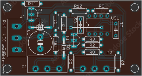 Vector printed circuit board of electronic 
device with components of radio elements, 
conductors and contact pads placed on pcb.
Electric background. Computer technic cad design. 
Engineering drawing