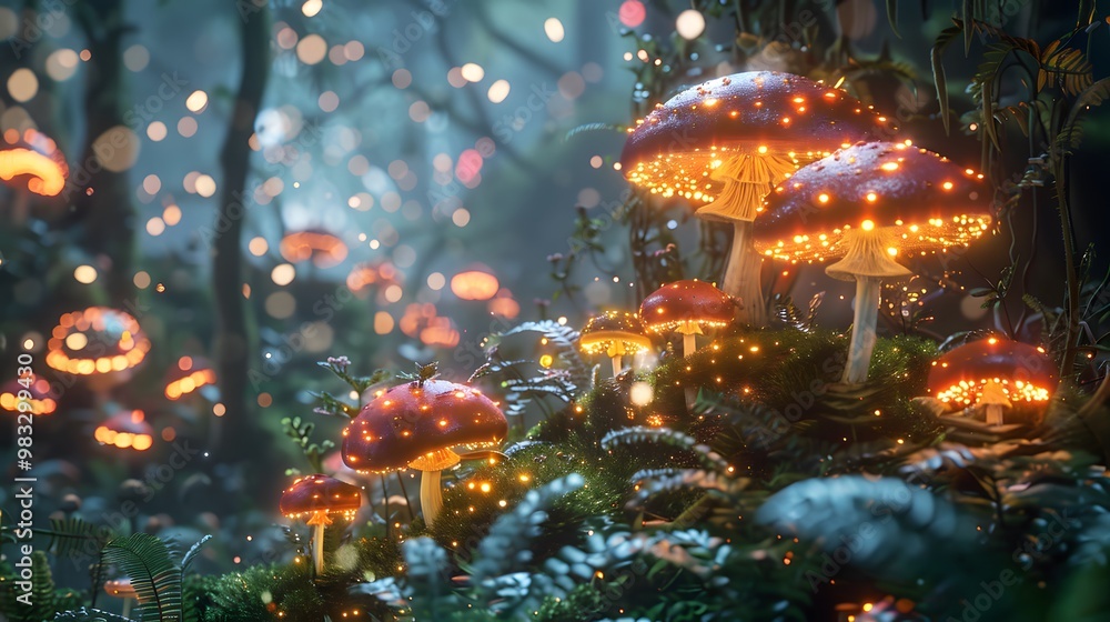 Enchanted forest with glowing mushrooms and magic Enchanted forest with glowing mushrooms and magic