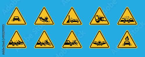 car accident warning sign on yellow triangle board. Suitable for posters and web icons	