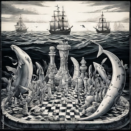 A surreal chessboard features detailed marine creatures like sharks and dolphins emerging from the pieces, set against a dramatic ocean backdrop with sailing ships. The black-and-white theme and photo