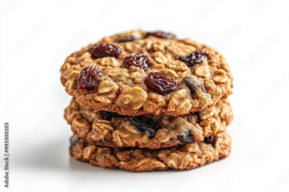 Three Raisin Oatmeal Cookies Stacked on White Background Three Raisin Oatmeal Cookies Stacked on White Background