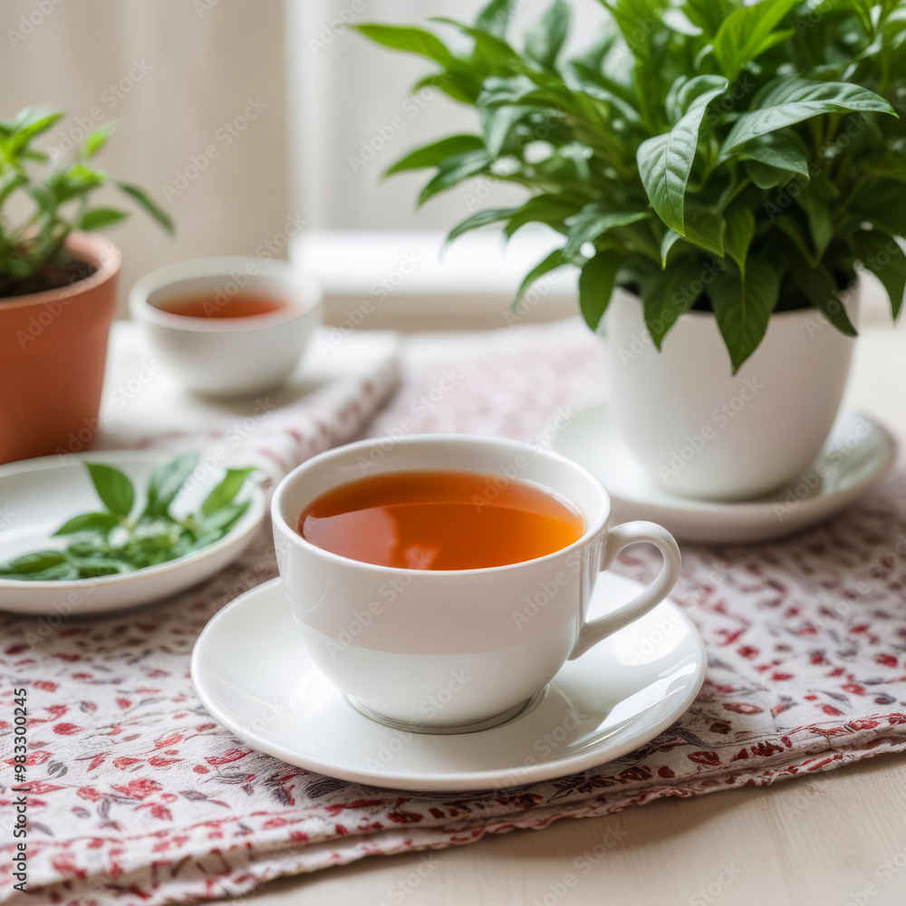 Tea mug on a light table next to a green house plant. Tea mug on a light table next to a green house plant.