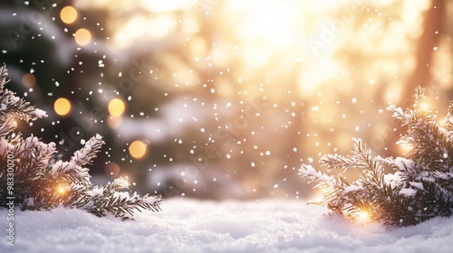 A cozy Christmas scene with snowflakes and twinkling lights, perfect for a personalized greeting card. photo