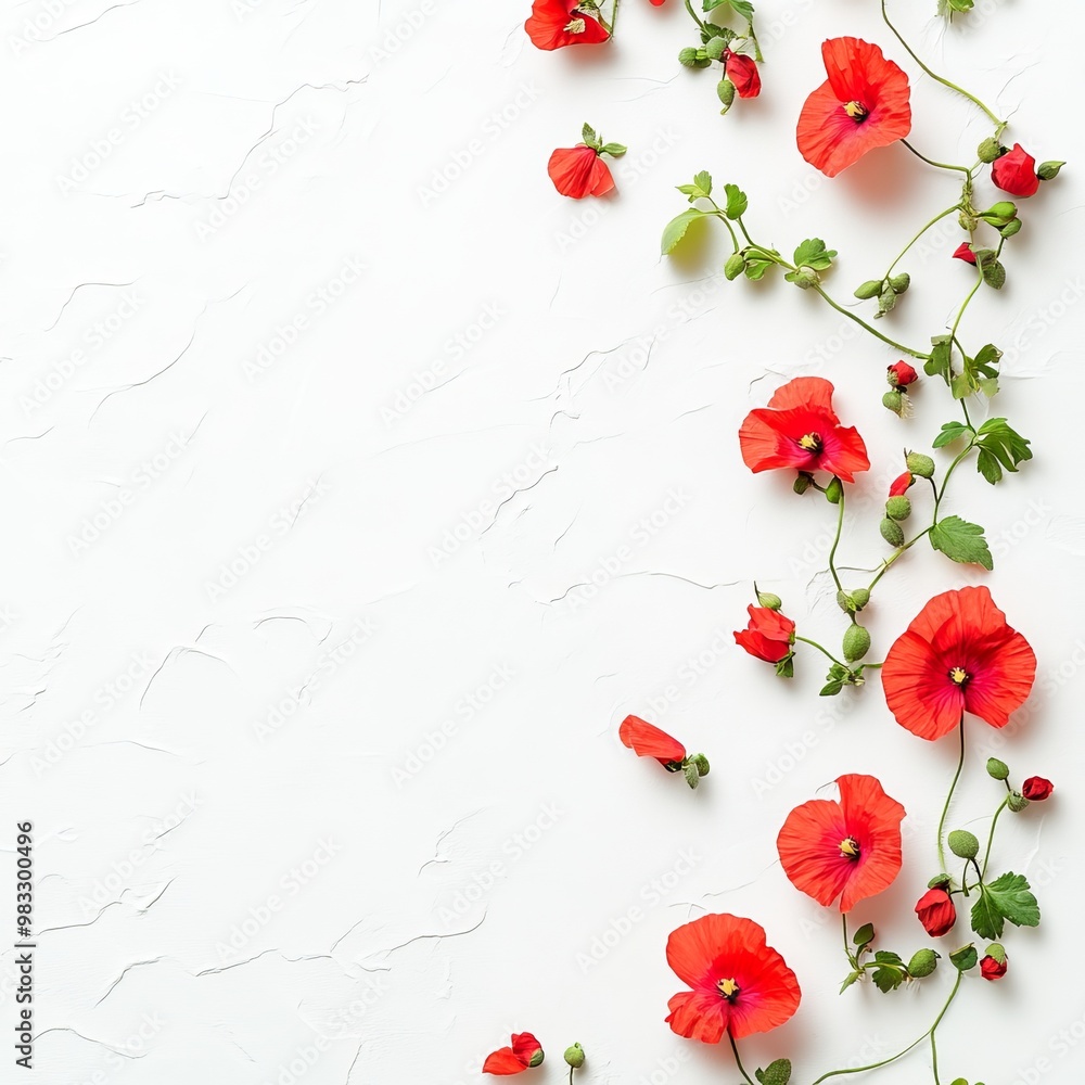 Red Poppy Flowers Arrangement on Right Side of White Textured Background with Copy Space Red Poppy Flowers Arrangement on Right Side of White Textured Background with Copy Space