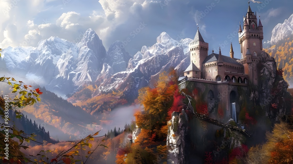 Fantasy castle on autumn mountain with snowy peaks Fantasy castle on autumn mountain with snowy peaks