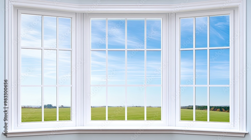 Naklejka premium Looking out from a charming bay window, the bright summer day showcases a vivid blue sky and a green lawn, creating a serene and inviting atmosphere
