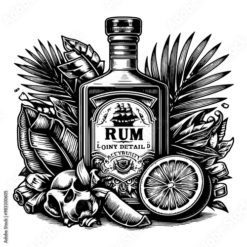 Hand drawn rum bottle labels with intricate designs on white background. Vector, generative ai.