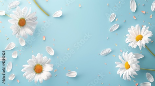 Floral frame background of Plain light blue paper structure background with blank copy space in the middle, on top of the background are smller and bigger daisy blossoms scatterd arround photo