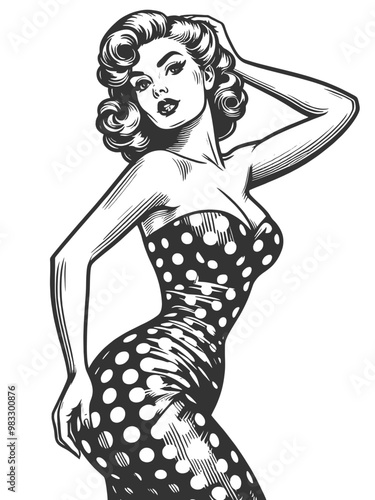 pin-up woman posing confidently in a form-fitting polka dot dress sketch engraving generative ai fictional character vector illustration. Scratch board imitation. Black and white image.