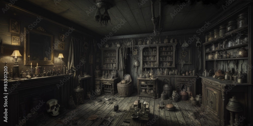 Spooky room illustration in derelict house Spooky room illustration in derelict house