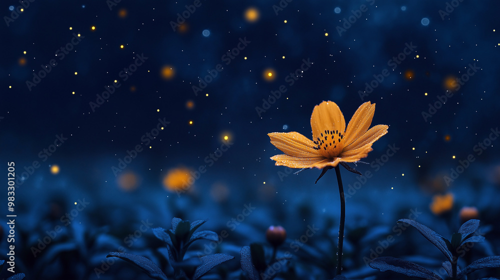 Yellow simple flower on blue starry sky background, night flower Yellow simple flower on blue starry sky background, night flower