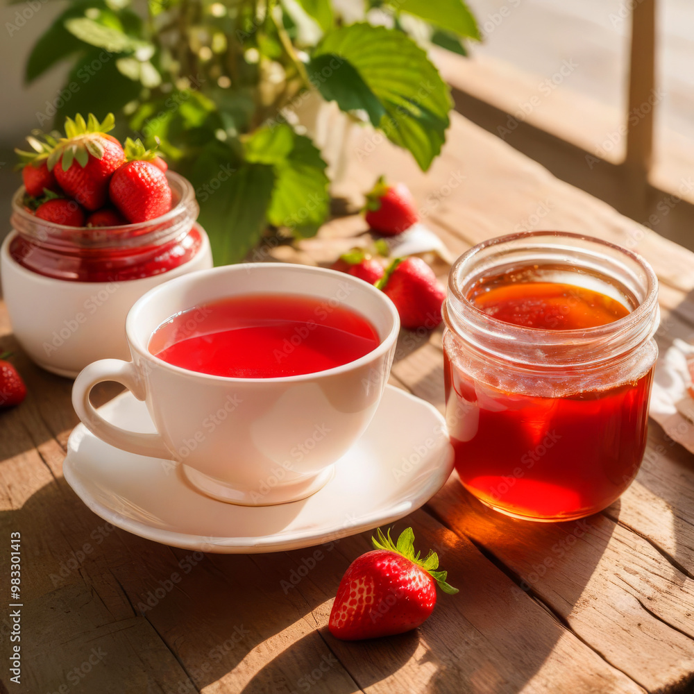 Mug of red tea with strawberries and jam Mug of red tea with strawberries and jam