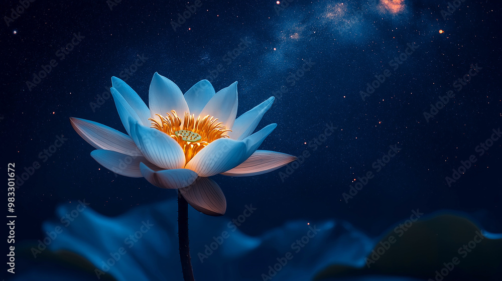 Lotus flower against blue starry sky, night flower Lotus flower against blue starry sky, night flower