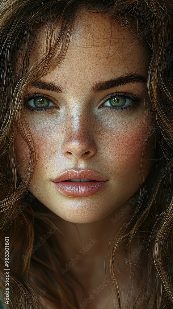 Close-up Portrait of a Woman with Freckles and Green Eyes Close-up Portrait of a Woman with Freckles and Green Eyes