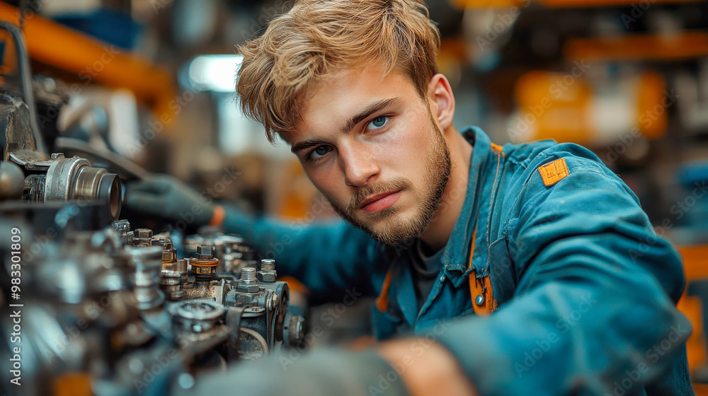 Close-up of a young male mechanic with a beanie, focusing on a repair, his expression determined and professional in a brightly lit garage setting Close-up of a young male mechanic with a beanie, focusing on a repair, his expression determined and professional in a brightly lit garage setting