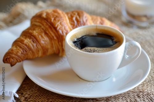 A croissant and a cup of coffee sit on a white plate, generative ai image