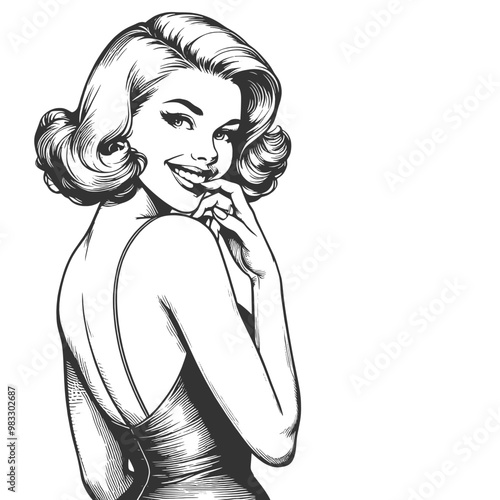 Playful smiling beautiful young woman flirty biting her little finger sketch engraving generative ai fictional character vector illustration. Scratch board imitation. Black and white image.
