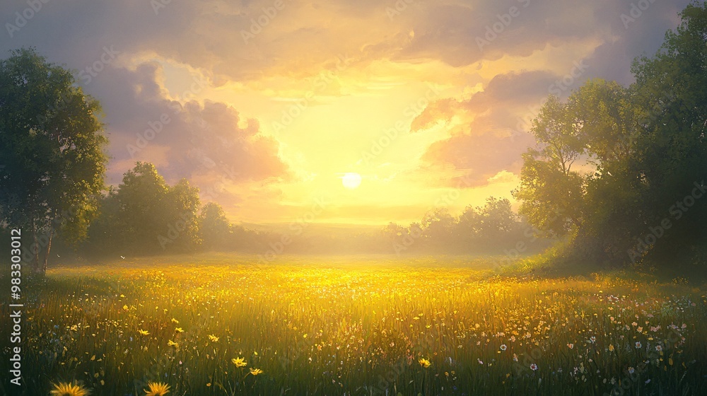 Obraz premium Golden Sunset Over a Field of Wildflowers