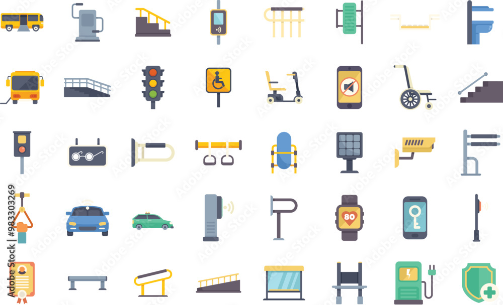 Set of flat isolated icons featuring urban, traffic, smart technologies, charging stations, and accessibility elements for a modern city Set of flat isolated icons featuring urban, traffic, smart technologies, charging stations, and accessibility elements for a modern city
