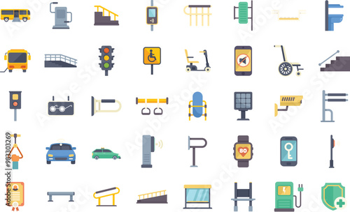 Set of flat isolated icons featuring urban, traffic, smart technologies, charging stations, and accessibility elements for a modern city