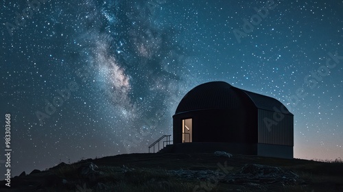 An observatory on a remote hilltop, using dark matte fiber cement siding to minimize light reflections and blend with the night sky