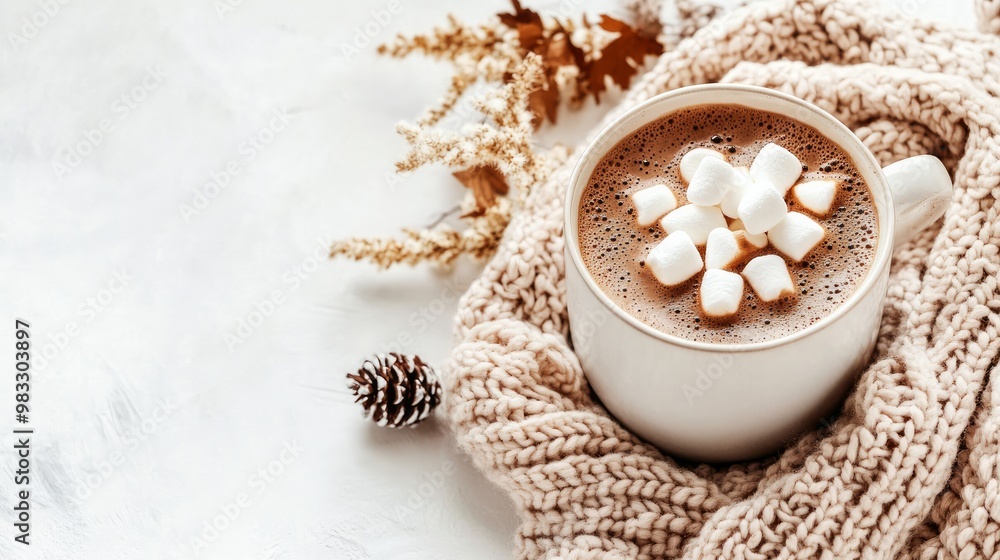 Warm, comfy sweater, mug of hot chocolate with marshmallows, and homey décor. A cozy, autumnal feeling. Top view, flat lay. Warm, comfy sweater, mug of hot chocolate with marshmallows, and homey décor. A cozy, autumnal feeling. Top view, flat lay.