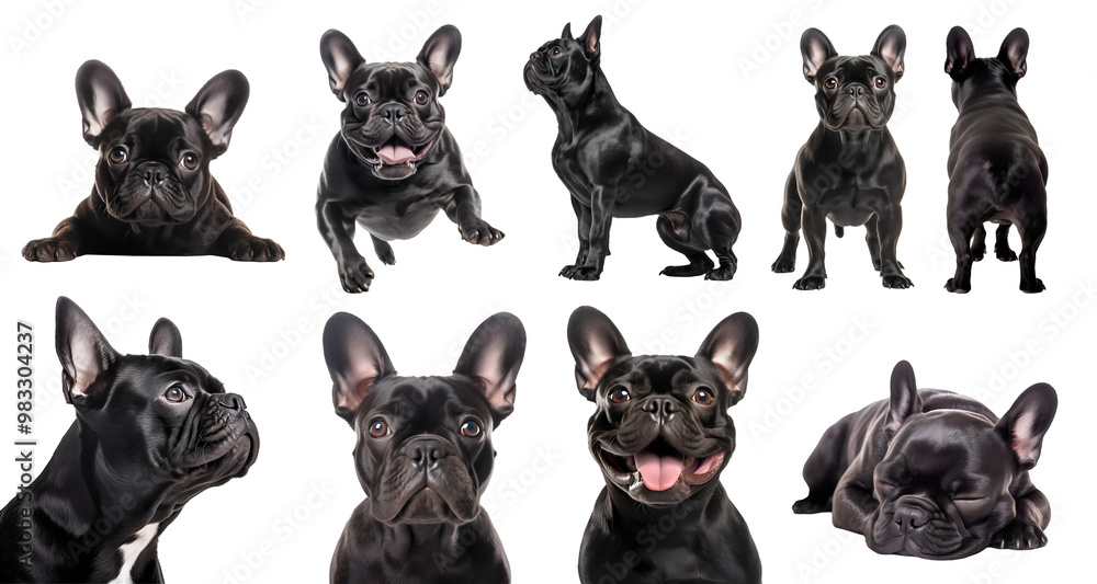 Black French Bulldog dog puppy, many angles and view portrait side back head shot running sleeping sitting isolated on transparent background cutout, PNG file Black French Bulldog dog puppy, many angles and view portrait side back head shot running sleeping sitting isolated on transparent background cutout, PNG file