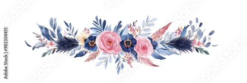 Watercolor pink and blue roses with leaves, floral border decoration