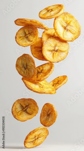 Crispy Golden Banana Chips Falling on White Background