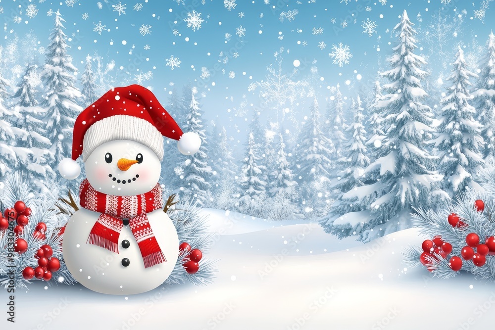Cheerful Snowman in Red Scarf and Santa Hat on Snowy Winter Background, Christmas Festive Banner. Cheerful Snowman in Red Scarf and Santa Hat on Snowy Winter Background, Christmas Festive Banner.