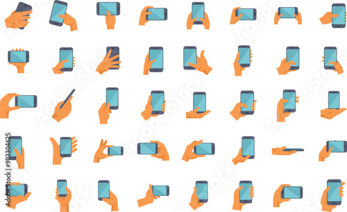 Collection of hands holding using showing mobile phones smartphones in different positions such as taking selfie photo or video chatting