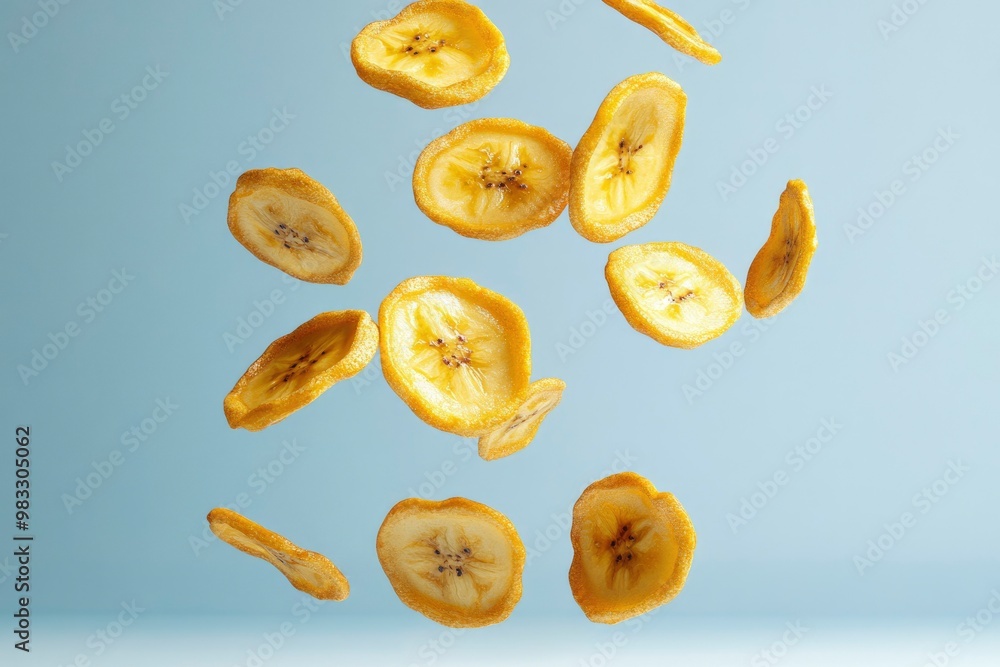 Dried Banana Slices Falling Against a Light Blue Background