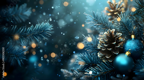 Christmas background with blue baubles, pine cones and bokeh. Beautiful christmas card.