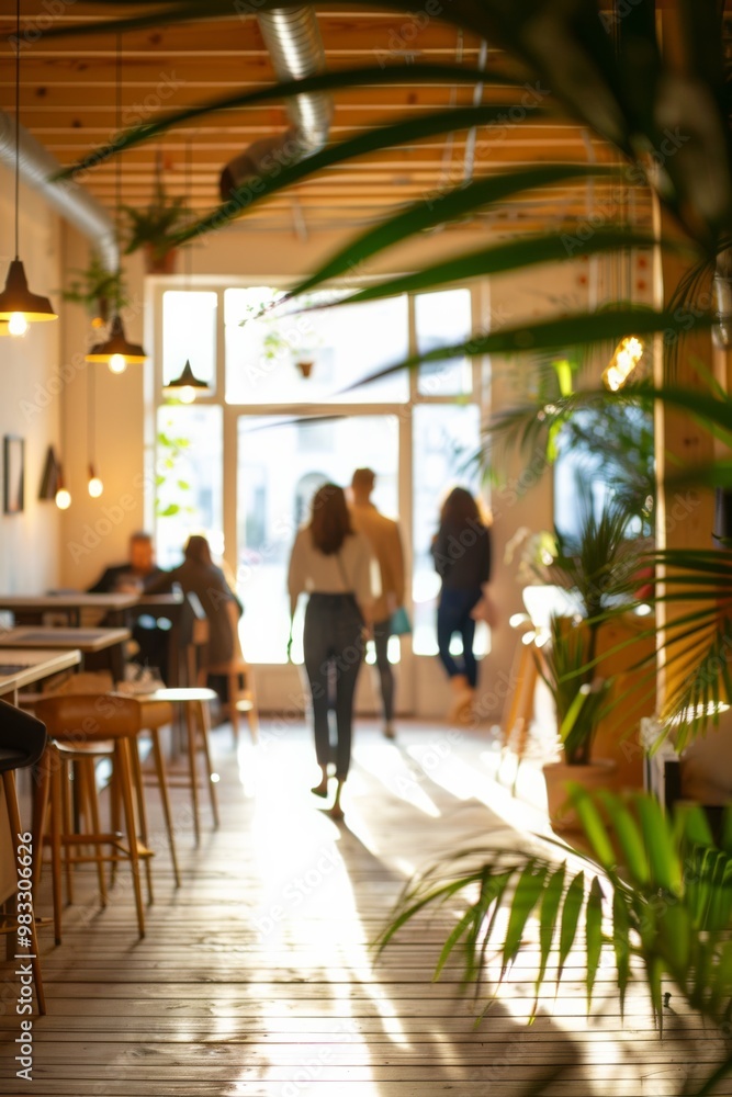Obraz premium Cozy Modern Cafe Interior with Customers and Warm Lighting