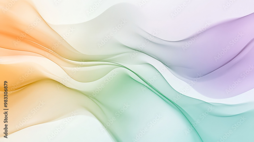 Fototapeta premium A calming fluid background with soft pastel green, peach, and light purple, flowing together in an abstract, gentle wave design.