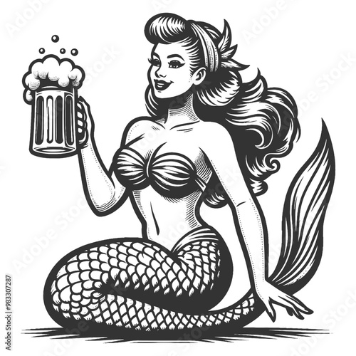 cheerful mermaid holding a frothy beer mug, blending nautical and pub themes in a whimsical design sketch engraving generative ai vector illustration. Scratch board imitation. Black and white image.