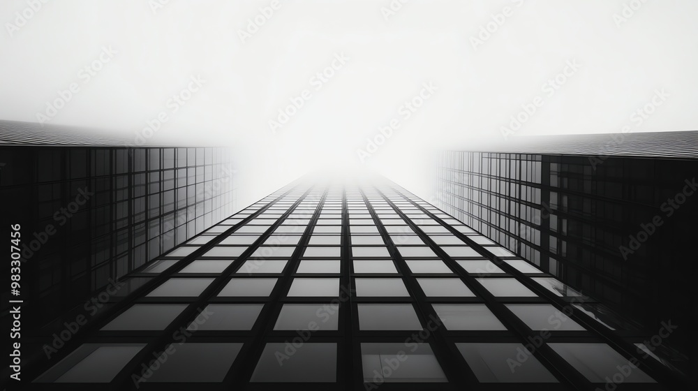 Black and white photo of a tall building with windows, viewed from below with fog at the top. Black and white photo of a tall building with windows, viewed from below with fog at the top.