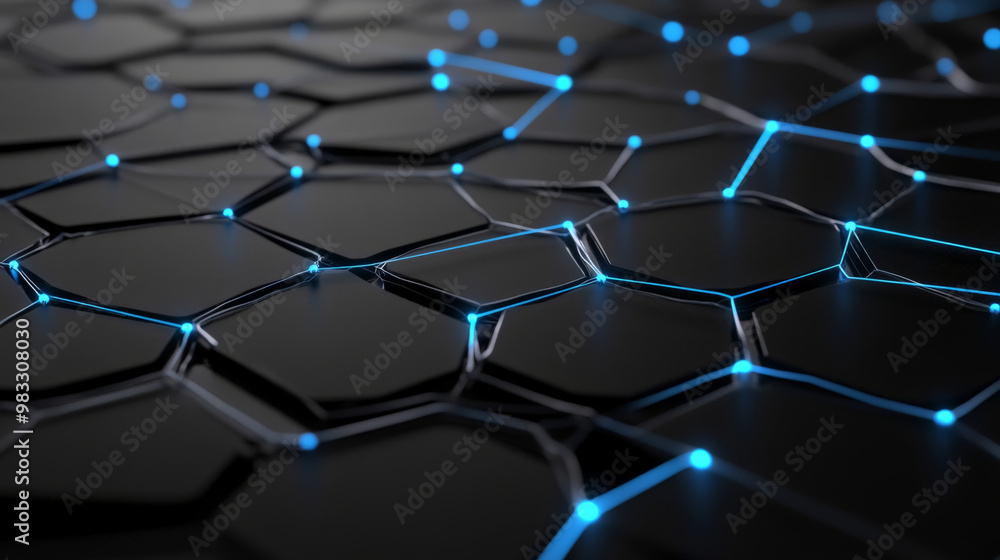 Naklejka premium Networking-themed backdrop featuring light gray hexagons with glowing blue edges, connected by intricate lines, on a sleek black background.
