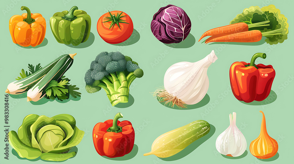 Colorful illustration of fresh vegetables: peppers, tomato, cabbage, zucchini, broccoli, garlic, and carrots. Colorful illustration of fresh vegetables: peppers, tomato, cabbage, zucchini, broccoli, garlic, and carrots.