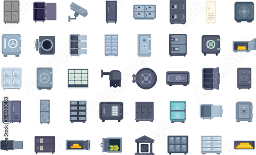 This is a vector illustration set featuring various security systems, including modern safe boxes, vaults, and surveillance cameras, all focused on protecting valuable assets