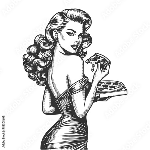 glamorous woman eats a pizza slice, elegance with casual dining in a retro vibe sketch engraving generative ai fictional character vector illustration. Scratch board imitation. Black and white image.